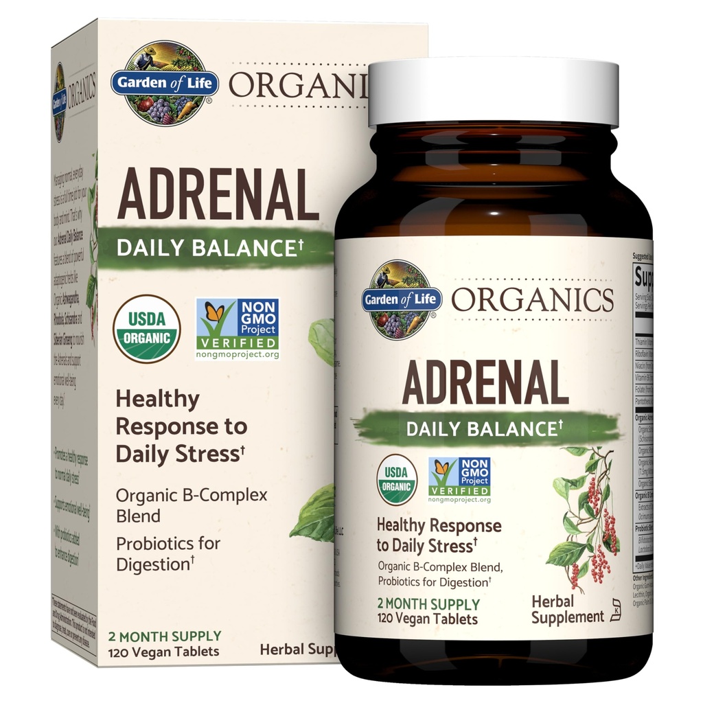 Garden of Life Organics Adrenal Daily Balance, Adaptogenic Herbs Ashwagandha, Holy Basil, B Complex & Probiotica, Organic Non-GMO, Vegan, Gluten Free Supplement, Twee maanden aanbod, 120 tabletten