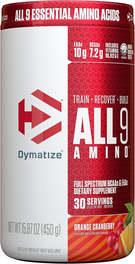 Dymatize All9 Amino, 7,2g de BCAA, 10g d'acides aminés essentiels au plein spectre par service pour la récupération et la synthèse optimale des protéines musculaires, canneberge orange, 30 portions, 15.87 Ounce