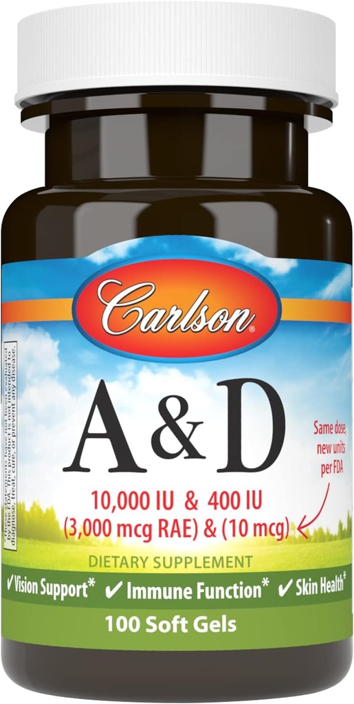 Carlson - A & D, 10000 IE (3000 mcg RAE) Vitamine A, 400 IE (10 mcg) Vitamine D3, Vision Support, Skin Health, 100 Zachte Gels