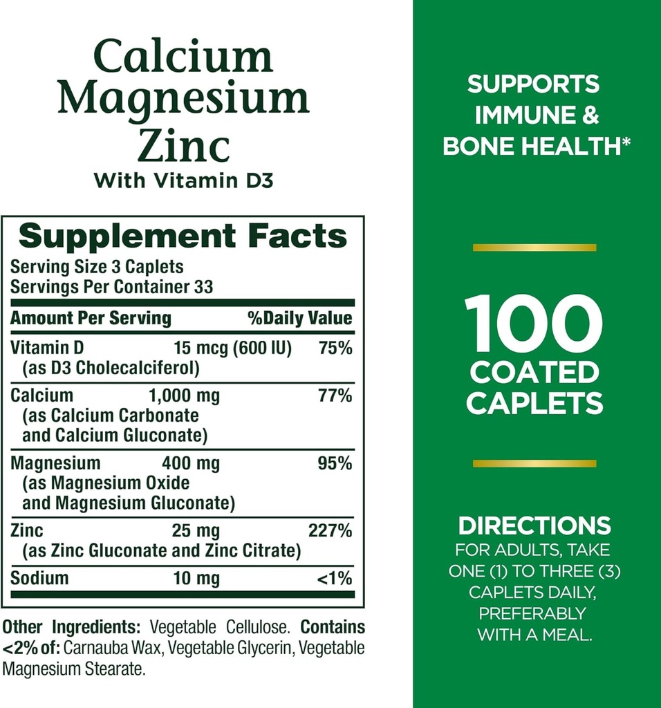Nature's Bounty Calcium Magnesium & Zinc Caplets, Immune & Supporting Bone Health, 100 Count (Pack of 2)