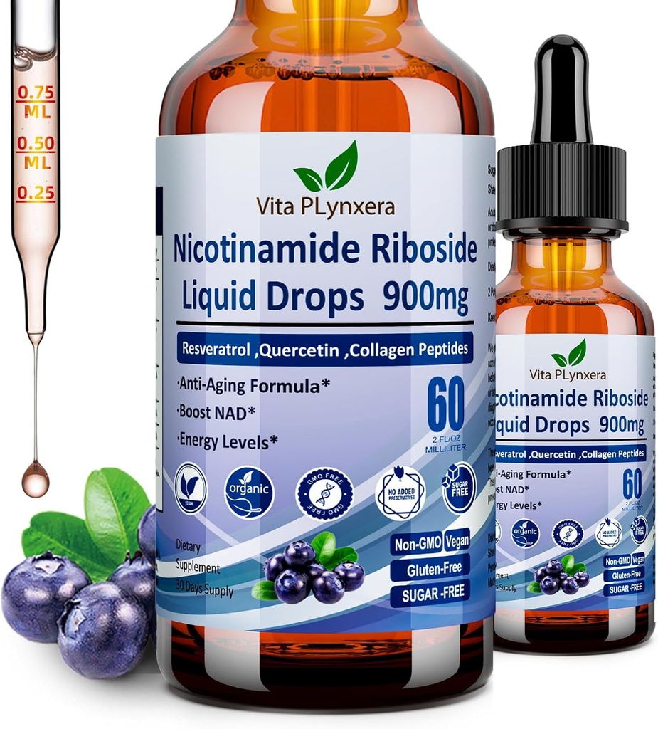 NAD Supplementen voor vrouwen en mannen, NAD Nicotinamide Riboside Resveratrol 900mg & quercetin, Niacin, Collageen, Biotin, Liquid NAD Plus Supplement NR900 Voor Anti-Aging Skin Energy Longevity Focus Brain
