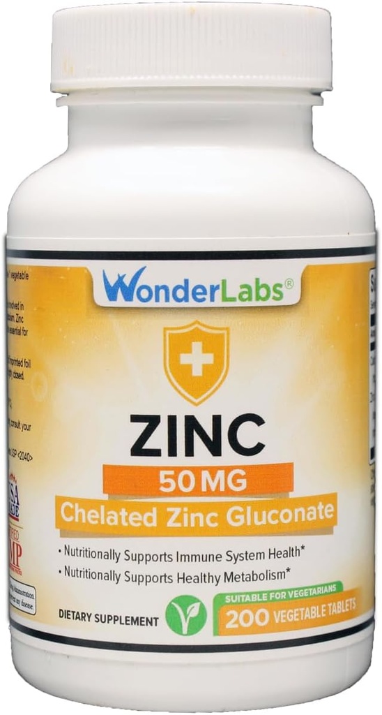 Wonder Laboratories Chelated Zink Gluconate 50 mg - Ondersteunt gezonde huid, immuunsysteem, celgroei, en meer - 200 Vegetarische tabletten
