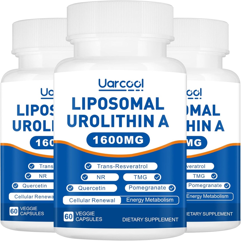 Urolithin A Supplement 1600mg bevorderen spierkracht en energieproductie, TMG voor gezonde homocysteïne niveaus en Nicotinamide riboside NAD+ Boost voor levensduur - 60 Softgels (3 flessen)