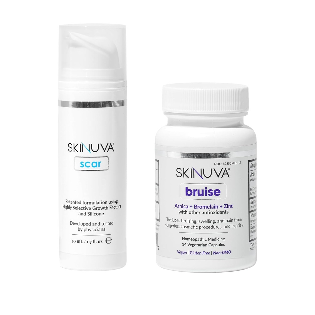 Skinuva® Scar (1,7 oz) & Bruise (14 gélules) - Crème Silicone Advanced Formulée avec des facteurs de croissance et un traitement homéopathique de l'humidité Formulée avec Arnica, Bromelain & Zinc