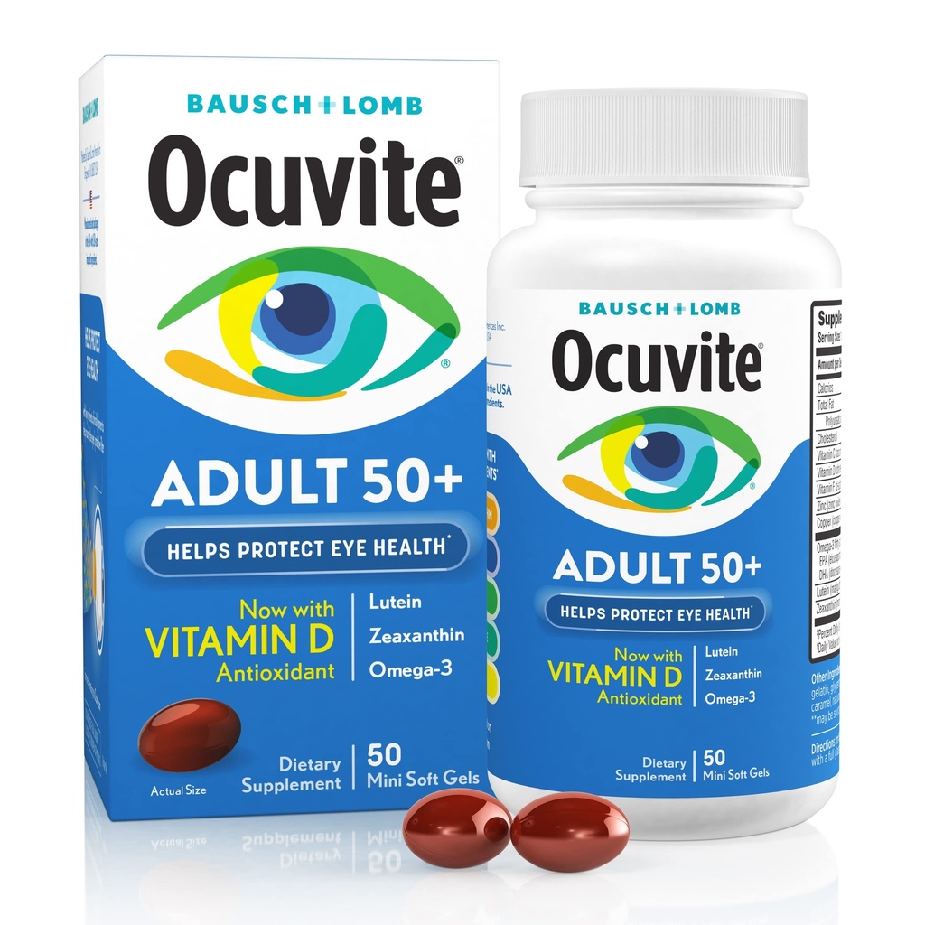 Ocuvite 50+ Eye Vitamin & Mineral Supplement, Multivitamine for Vision & Ocular Health with Omega-3, Zink, Vitaminen C & E, Luteïne & Zeaxanthine, Zinksupplementen voor vrouwen en mannen, 50 Softgels