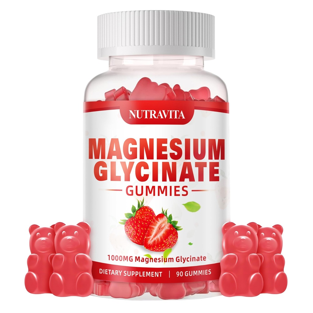 Magnesium Glycinate Gummies 1000mg met Magnesium L-Threonaat, Gecheld Magnesium Kalium Complex Supplement met VitD, B6, CoQ10, Calcium, Ondersteuning voor Geheugen, Kalm, Mood - 90 Gummies Aardbei