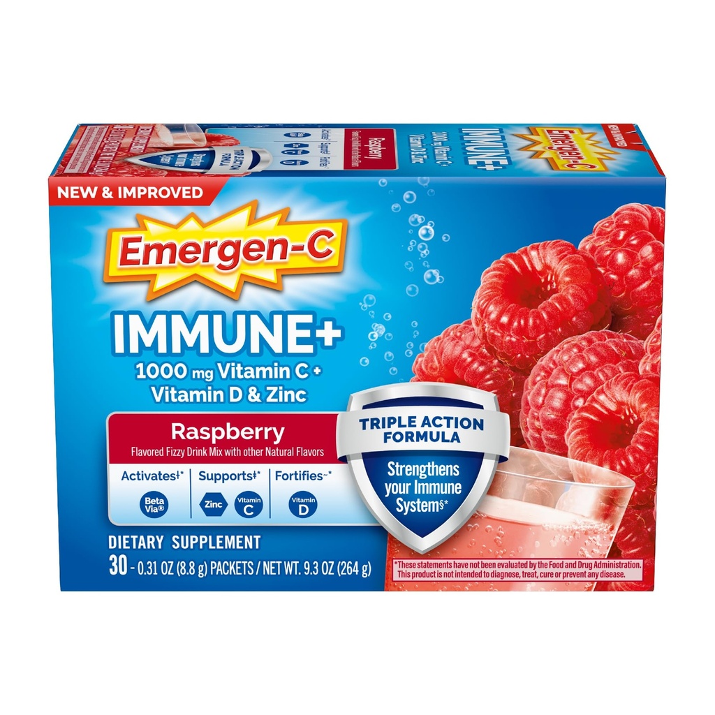 Emergen-C Immunine+ Triple Action Immune Support Poudre, BetaVia (R), 1000mg Vitamine C, B Vitamines, vitamine D et antioxydants, framboise, Retour à l'essentiel de l'école – 30 Compte