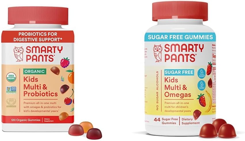 SmartyBants Kids Multivitamine Gummies Bundle: Biologische Probiotica, Omega 3, Vitaminen D3, C, B12, B6, A, K & Zink Immune Ondersteuning, Suikervrije Aardbei Banana, 164 Tel.