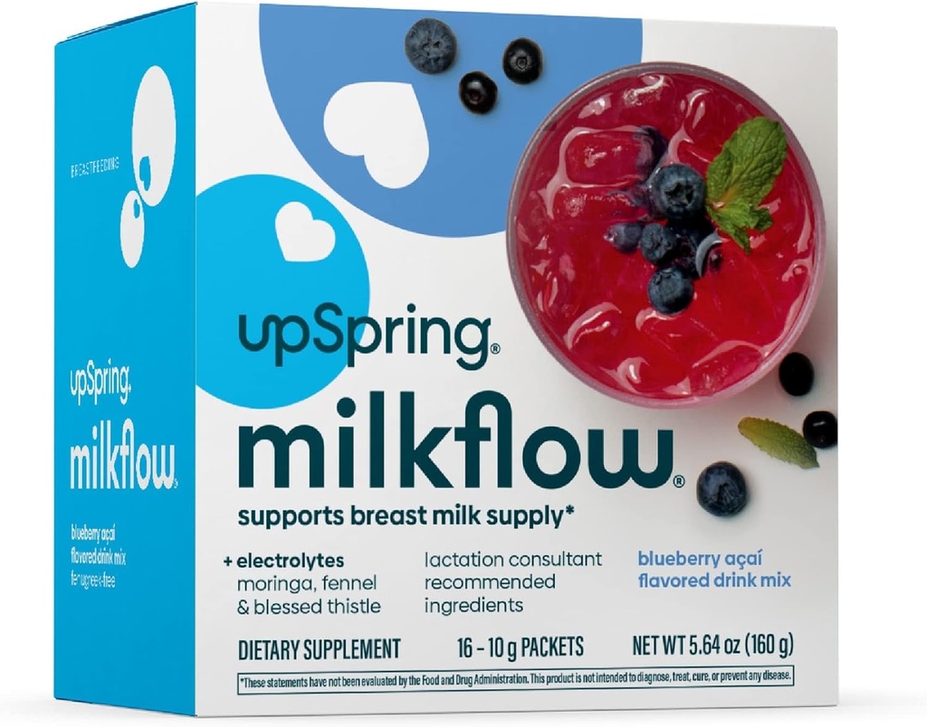 UpSpring Milkflow Electrolyte Borstvoeding Supplement Drink Mix Fenegriek-Free, Moringa & Blueberry Acai Smaak, Borstvoeding Supplement ter ondersteuning van de levering van moedermelk en herstellen Elektrolyten, 16 Mixes
