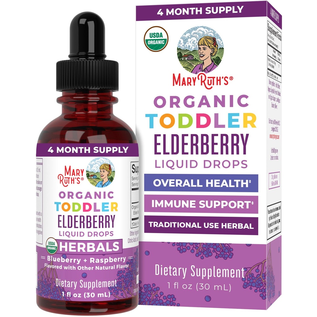 MaryRuth Organics Sirop de baies d'eau pour tout-petits, USDA Organic Elderberry, Supplément de soutien immunitaire pour les enfants sans sucre pour les enfants âgés de 1 à 3 ans, Projet d'étiquette propre Vérifié®, végétalien, non-OGM, sans gluten, 1 Fl Oz