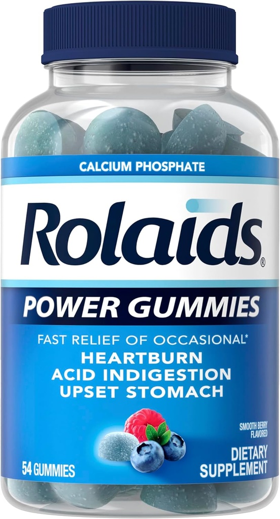 Rolaids Power Gummies, Fast Relief of Occasional Heartburn and Acid Indegestie, Dieetsupplement, Gladde Berry, 54 Gummies