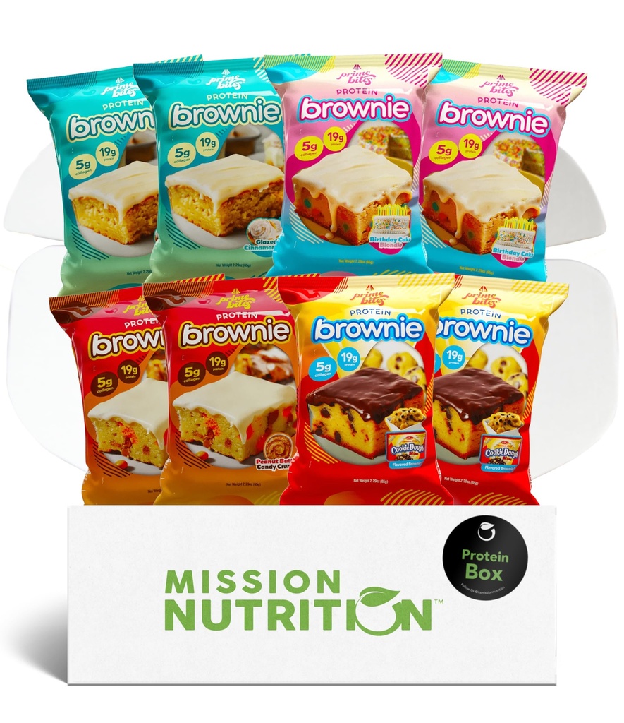 Prime Bites Protein Brownies Variety Pack Blondies - High Protein (19g), Collageen & Whey Protein, Low Sugar - 8 Count Snack & Gift Box