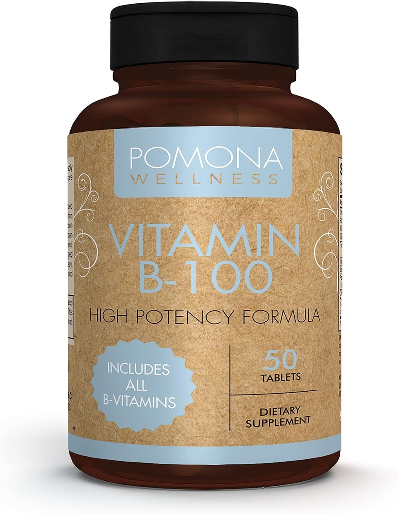 Pomona Wellness supplément complexe de vitamine B avec acide folique, multivitamine à haute puissance, toutes les vitamines 10 B incluant B12, soutient les niveaux d'énergie, santé cardiaque, non-OGM, 50 comprimés