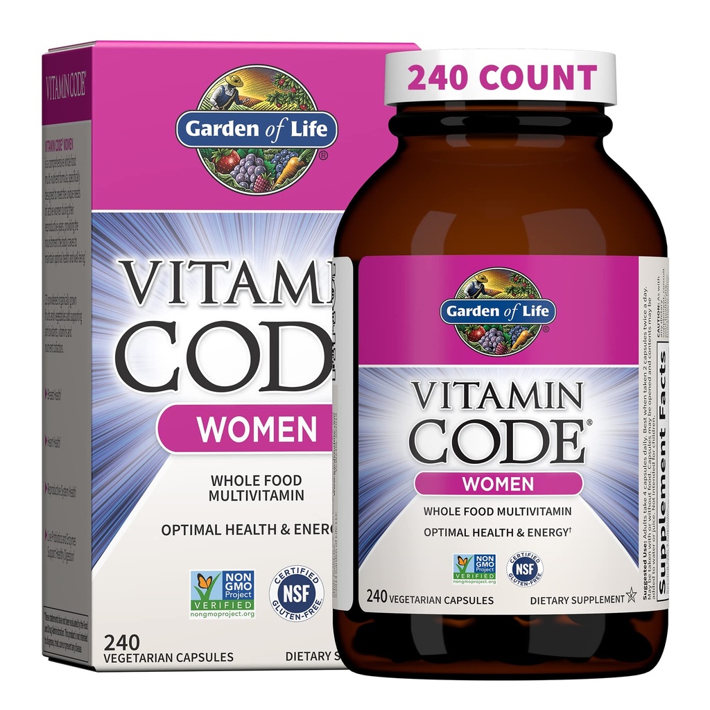 Jardin de la vie Multivitamines pour les femmes, Code de la vitamine Multi - Alimentation entière Femmes Multivitamines, Fer, Folate non acide folique, Vitamine A et probiotiques pour les femmes Énergie, 240 Capsules végétariennes