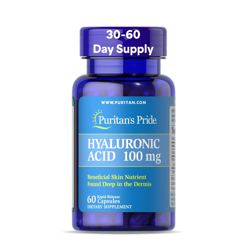 Puritanen Pride Hyaluronzuur 100mg, Dieetsupplement voor huidhydratatie, 60 capsules met snelle afgifte