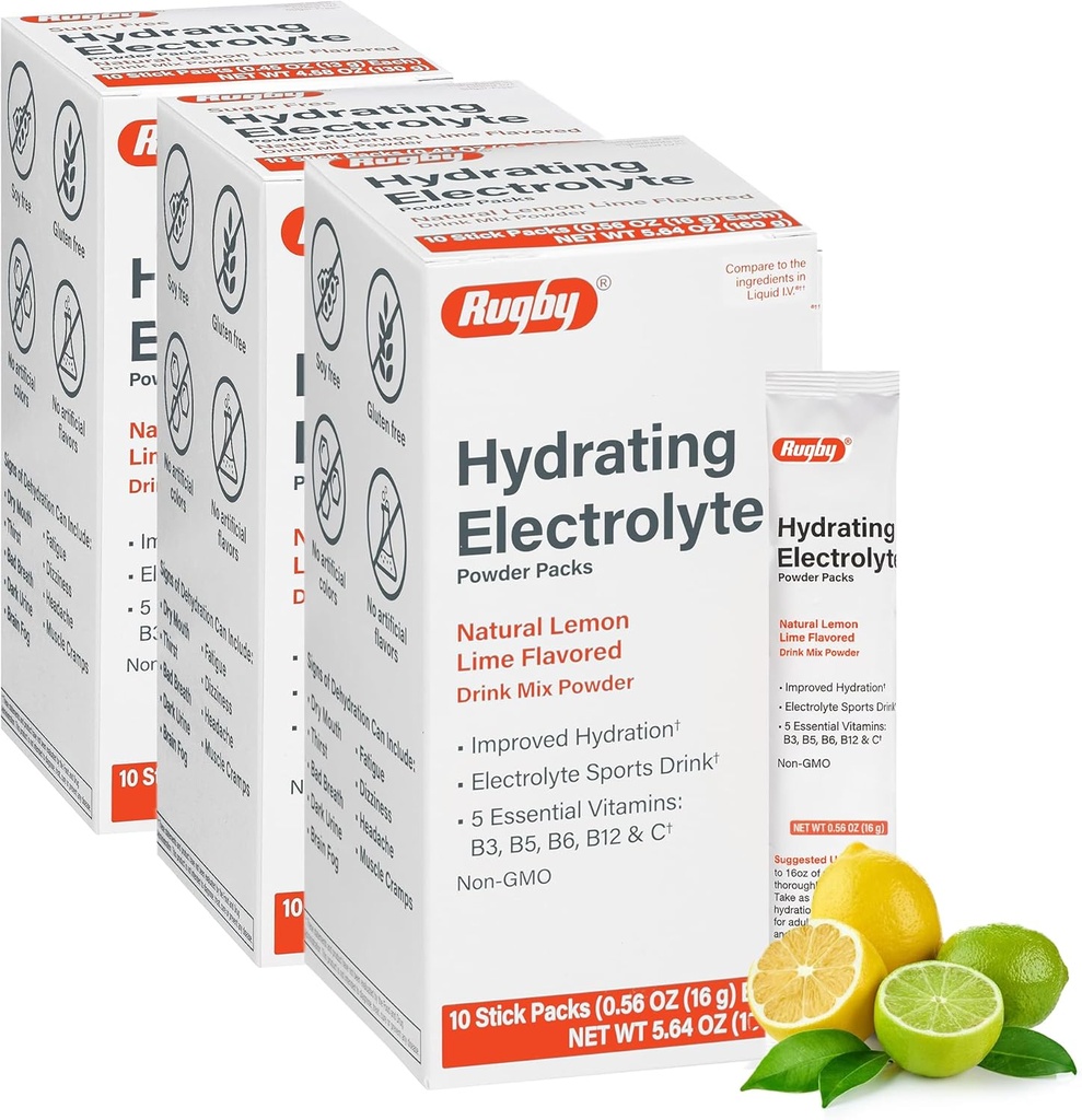 Pâtes de poudre à électrolyte hydratant de rugby - Boissons Mélanges de poudre avec 5 vitamines - Hydratation améliorée - Arôme naturel citron-lime - 10 boîtes de bâton - 0,56 Oz Chaque (3 boîtes)