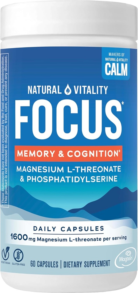 Natural Vitality Focus, Magnesium L-Threonaat en Fosfatidylserine Nootropic Brain Supplements for Memory, Focus, and Cognitie, Glutenvrij, Vegetarisch, 60 Capsules