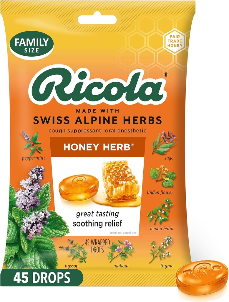 Ricola Honing Honing Hoestdruppels, 45 Graaf, Fair Trade Honing & Natural Menthol Cough Suppressant & Throat Relieving Drops, Great Proef Relief voor Hoesten & Throat Irritatie Symptomen
