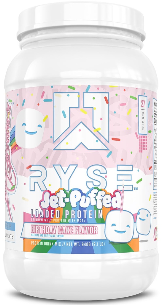 RYSE en poudre de protéines chargées - Cake d'anniversaire à jeun - 25g de protéines de lactosérum isolat et concentré avec fibre prébiotique et MCT - faible teneur en glucides, faible teneur en sucre, friendly - 27 portions / 2 lb Tub