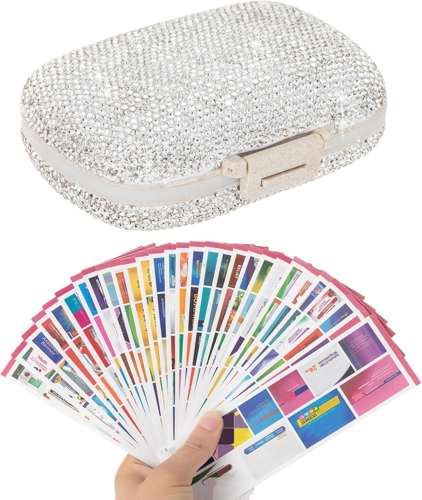 Pillen Organisator met Labels Bling Pocket Pill Case met Stickers Reis Geneeskunde Kithouder Small Purse Pill Box Portable Mini Medication Storage (White & 300 Labels)