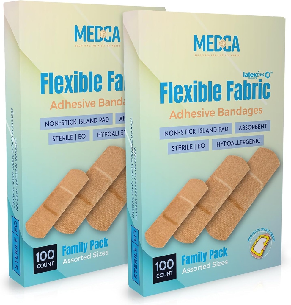 Flexibele hechtbandages voor comfortabele flexibele grote bescherming & wondverzorging van kleine sneden, scrapes, & wonden, diverse afmetingen (2-1/4"x5/8," 3"x3/4", 3"x1") - Twin Pack 100 CT Box
