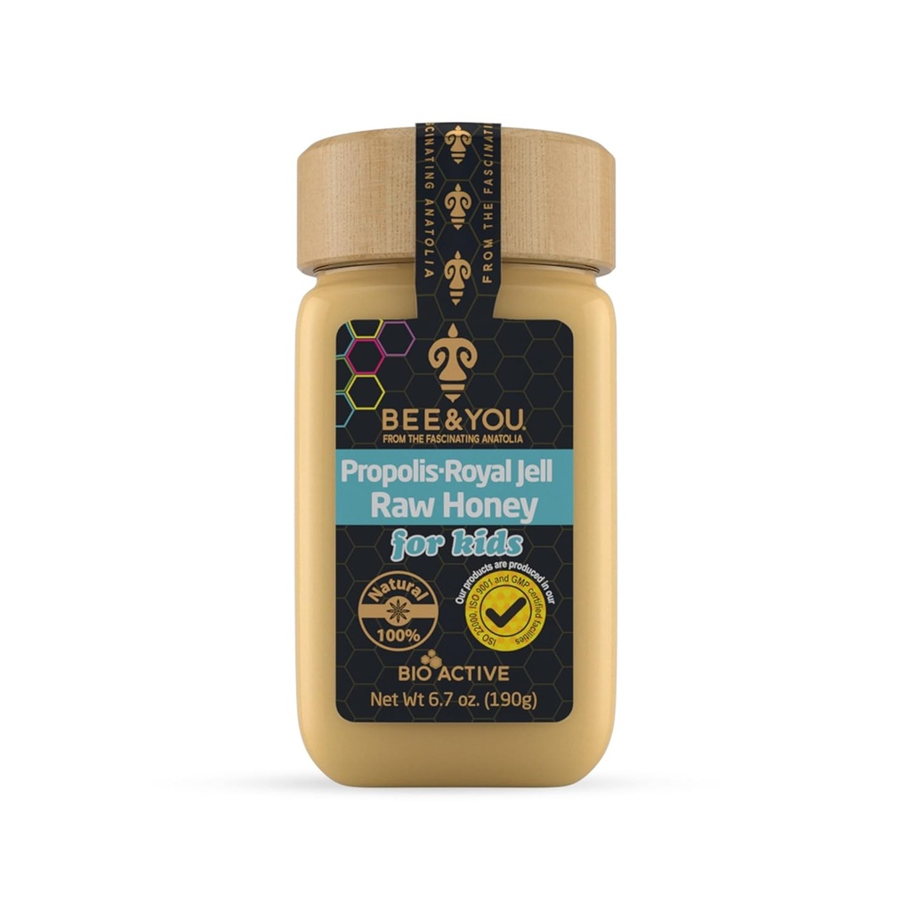 Bee and You Royal Jelly Raw Honey For Kids, Extrait de propolis, 100% naturel Superfood, Ultra Pure, Supplément de soutien immunitaire, Antioxydants, Keto, Paléo, Sans gluten, 6,7 oz