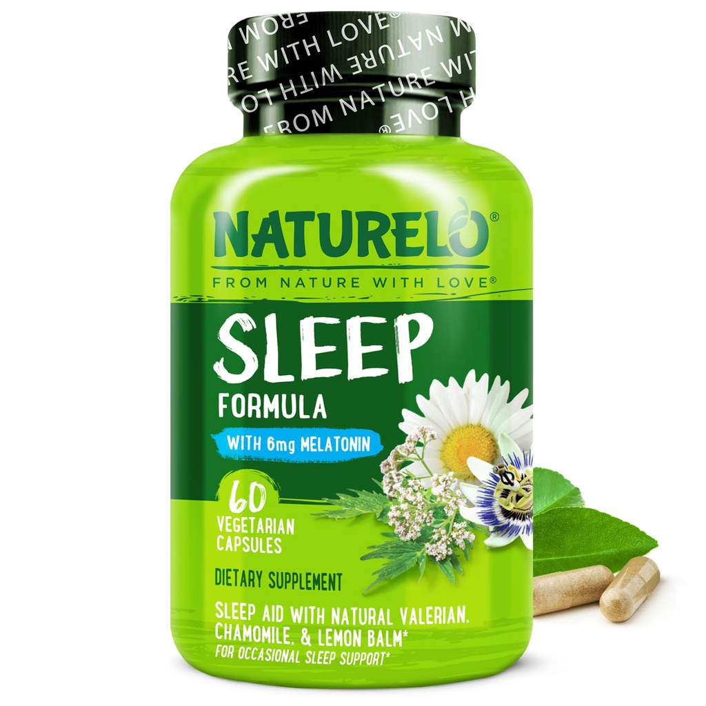 NATURELO Slaaphulp - met Melatonine, Magnesium, GABA, Valeriaanwortel, Lemon Balm, Kamille Kruidenextracten - Plant-Based Slaaphulp - 60 Vegan Capsules