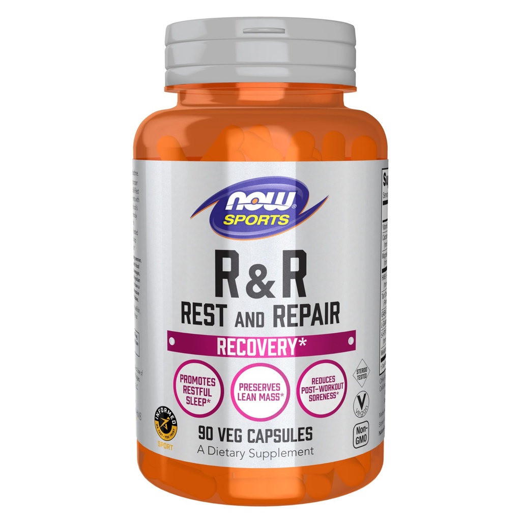 NOW Foods Sports Nutrition, R&R Rest and Repair, Recovery*, Promoot rustgevende slaap*, Behoud Lean Mass, Vermindert post-workout pijn*, Vegan, NGMO, 90 Veg Capsules