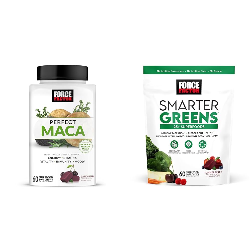 Force Factor Maca Root en Greens Superfood Zachte Kauwen bundel met 60 Zachte Kauwen Elk