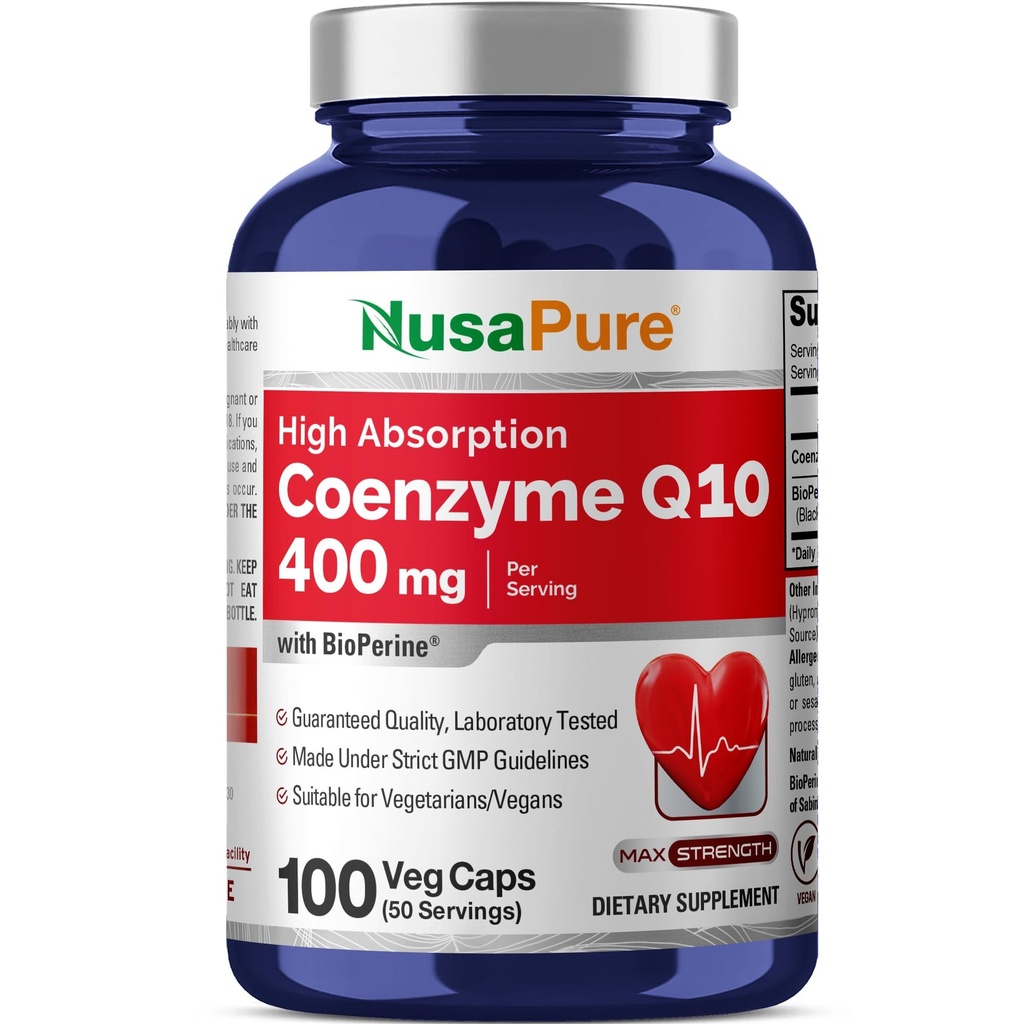 NusaPure CoQ10 400mg 100 Veggiecaps (Vegan, Non-GMO) Co-enzym Q10 Supplement, Antioxidant COQ-10 Enzyme, Coq 10