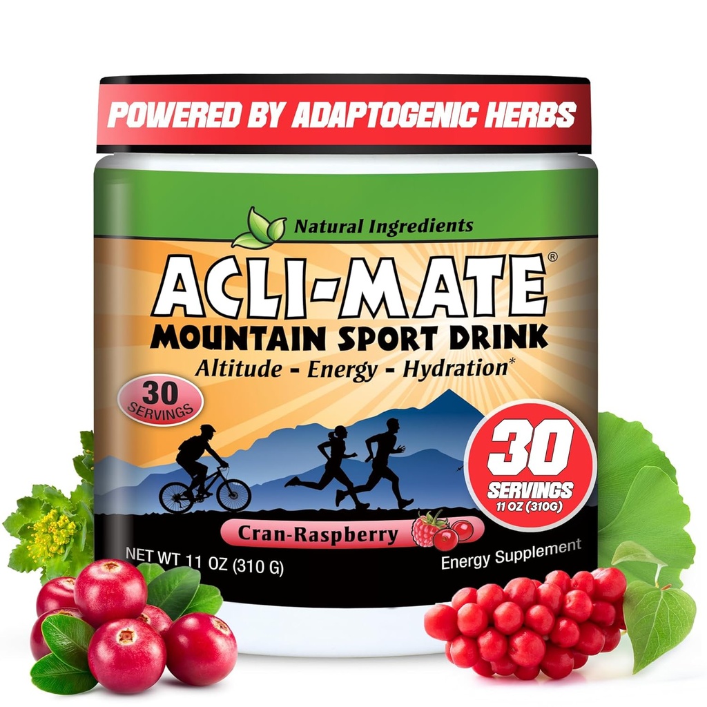 Acli-Mate Bergsport Drinkmix - Hoge Hoogte Acclimatisatie Elektrolyten Poeder - Energiepoeder Mix - Herstel Hydratatie Drank voor hardlopen, wandelen, fietsen, reizen &amp; Meer (1 Tub, CranRaspberry)