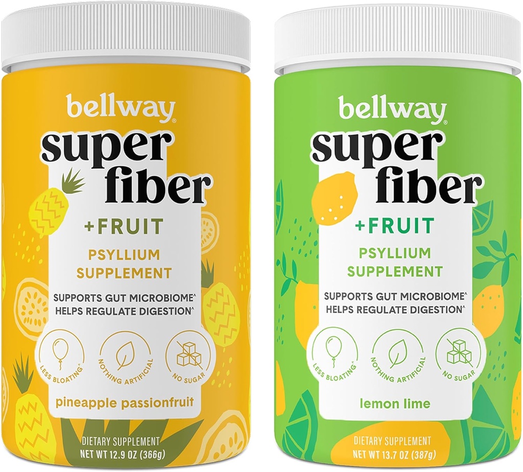 Bellway Super Fiber Powder + Fruit, Suikervrij Biologische Psyllium Husk Powder Fiber Supplement voor Regularity, Bloating Relief & Gut Health, Non-GMO, Ananas Passion Fruit & Citroen Lime