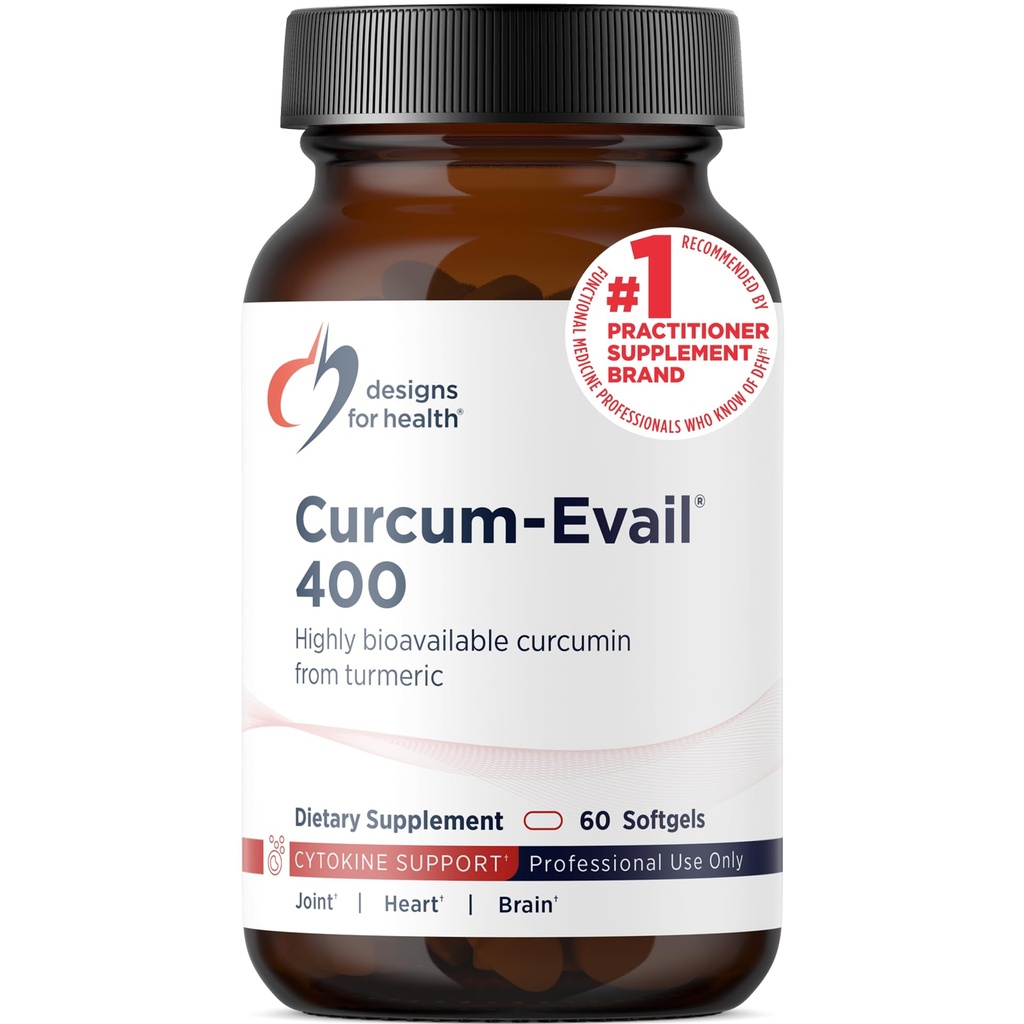 Designs for Health Curcum-Evail 400 - Bio available Turmeric Curcumin Supplements - Evail Emulsification Technology - Curcumin C3 Complex with Turmeric Oil + Vitamin E, Non-GMO (60 Softgels)