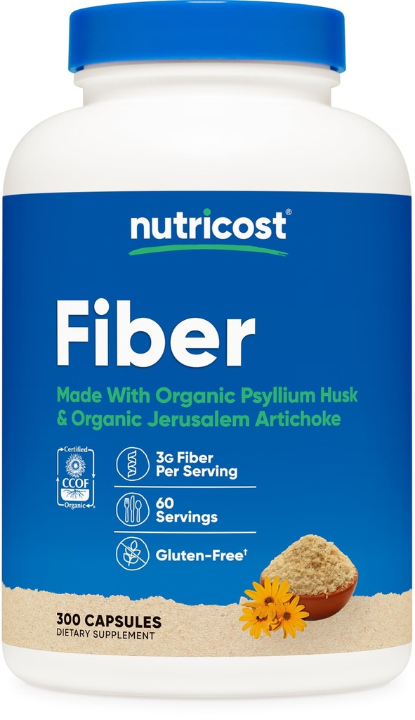 Nutricost Fiber Capsules met Prebiotic Fiber Supplement 300 Capsules - Gemaakt met Biologische Psyllium Husk & Organic Jerusalem Artichoke, 60 porties, Glutenvrij, 3 G per portie