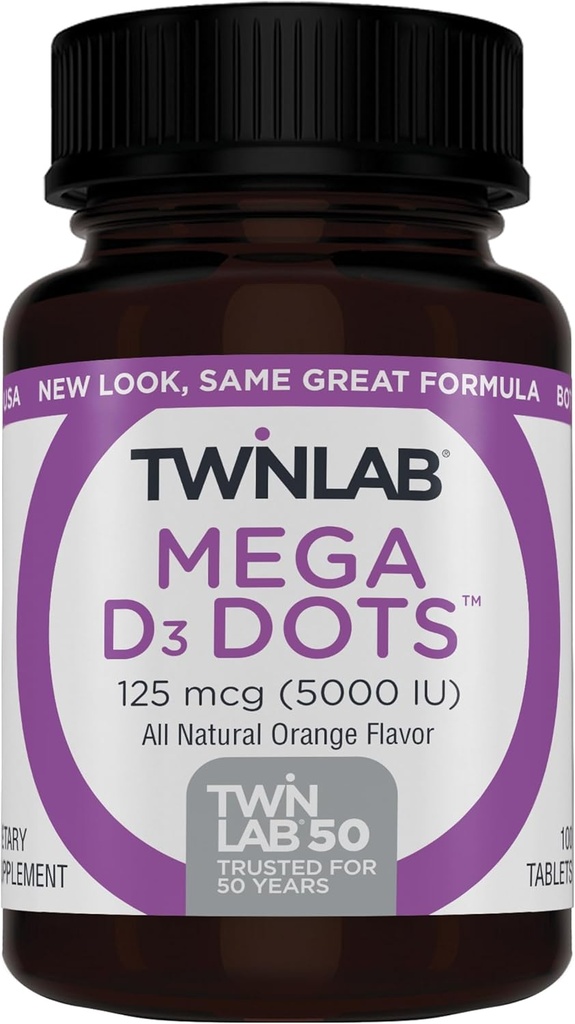 Twinlab Mega D-3 Dots - Vitamine D Supplement voor Immune Health and Bone Support - 100 Orange Tablets, 125 mcg (5000 IE) (verpakking van 2)