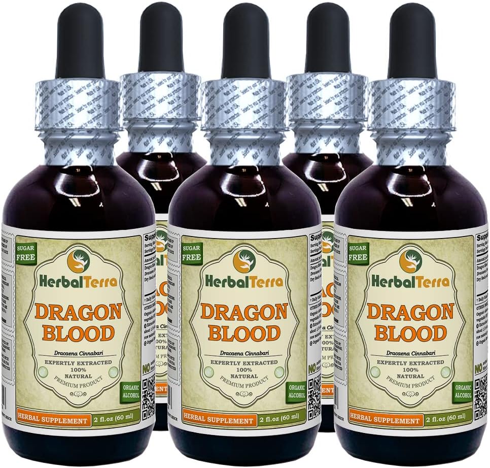 Drakenbloedhars (Daemonorops Draco) Tinctuur, gedroogd Hars Liquid Extract (Grote Naam: HerbalTerra, Trots Made in USA) 5x2 fl.oz (5x60 ml)