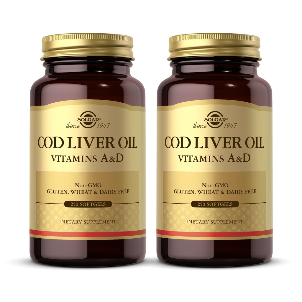 Solgar Cod Leverolie - 250 Softgels, Verpakking van 2 - Biedt vitamines A & D - Non-GMO, Glutenvrij - 500 Totaal porties