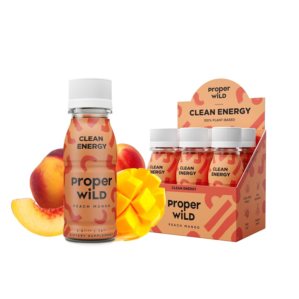 Proper Wild Vegan Energy Shots, met L-Theanine, en Biologische Cafeïne, Clean Plant Based Energy Drink, Glutenvrije, GGO-vrije, Dairy-Free, Stevia-Free, Soy-Free, Peach Mango, 2.5 Fl Oz, 6 Pack