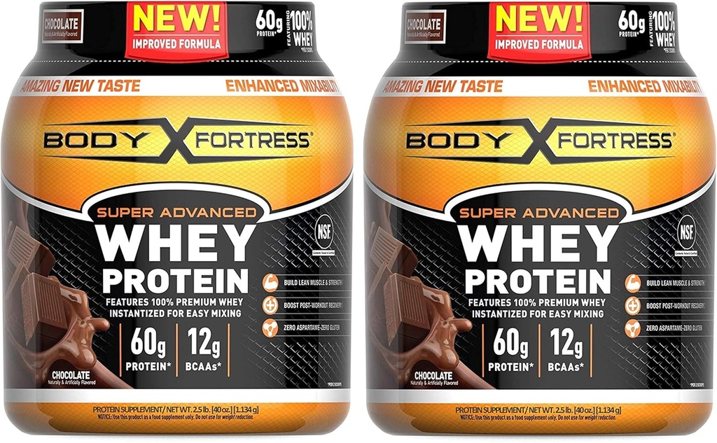 Body Fortress Super Advanced Wei Proteïne Poeder, Glutenvrij, Chocolade smaak, 2 pond, Verpakking van 2