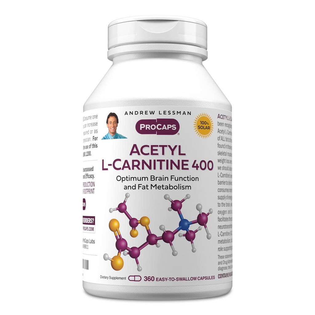 ANDREW LESSMAN Acetyl L-Carnitine 400 mg - 360 capsules - Ondersteuning voor zenuwstelsel, vet en energie Metabolisme, gezonde hersenfunctie, gezonde bloedstroom naar het brein. Makkelijk te slikken capsules.