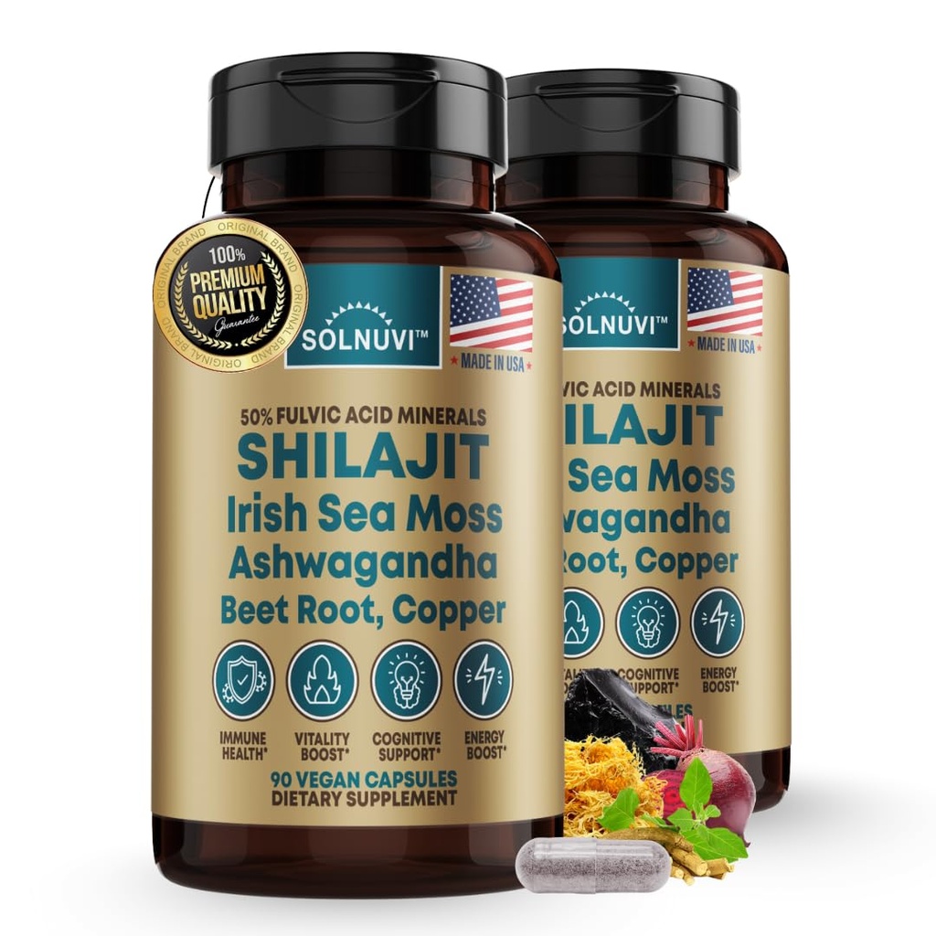 Shilajit Pure Himalaya Organische Capsules met Ierse Zee Mos, Ashwagandha, Koper, Beetwortel - Fulvic Acid Trace Minerals Supplement voor mannen en vrouwen - 90 Telling, Non-GMO, Glutenvrije