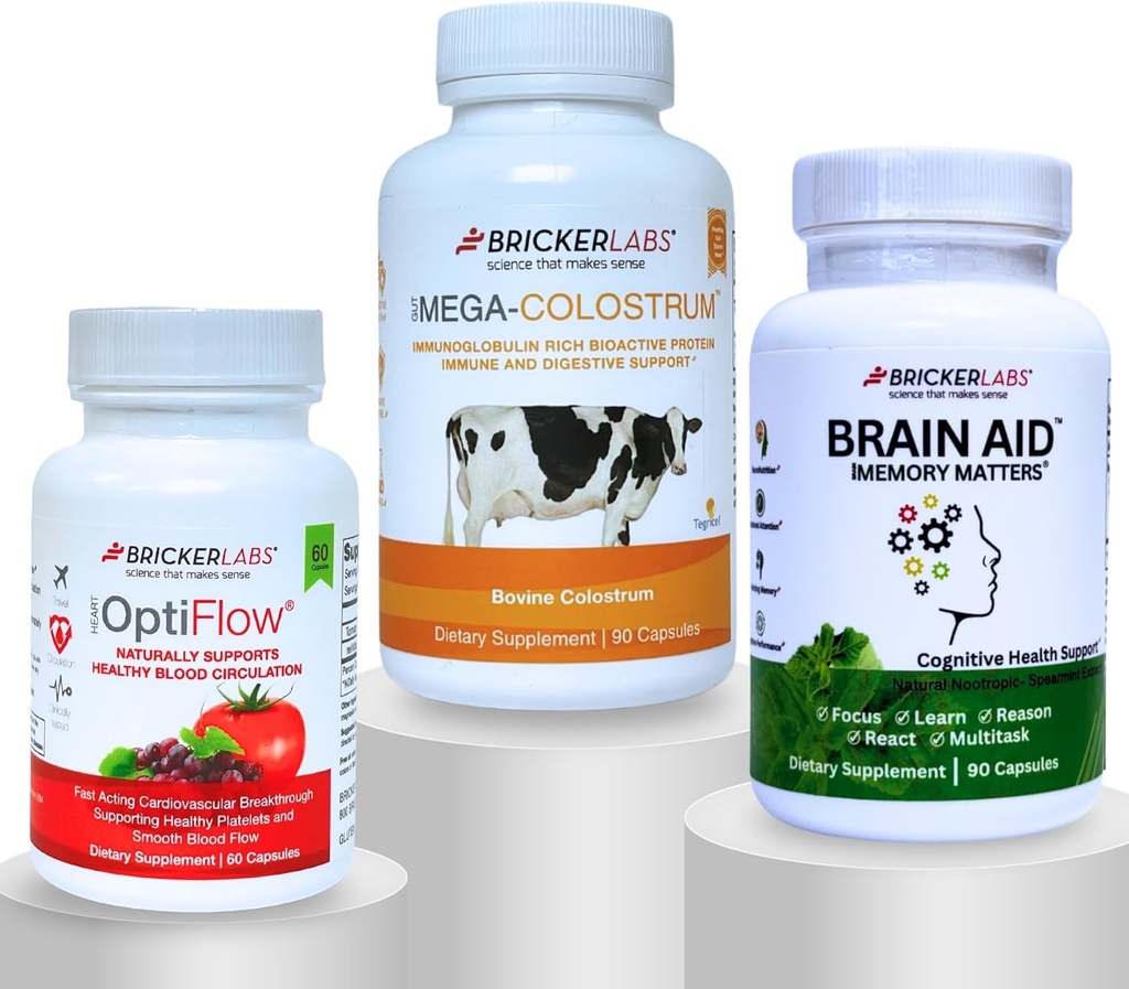 Bricker Labs Travel Wellness Bundle: Optiflow Blood Flow Optimizer, Colostrum Capsule Immune Defense and Brain Aid Memory Matters for Brain Health