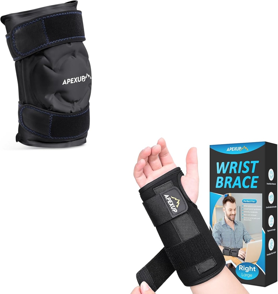 APEXUP Ice Pack for Knie Pain Relief (Large, 1PK) + Pols Brace for Carpal Tunnel(S,Right)