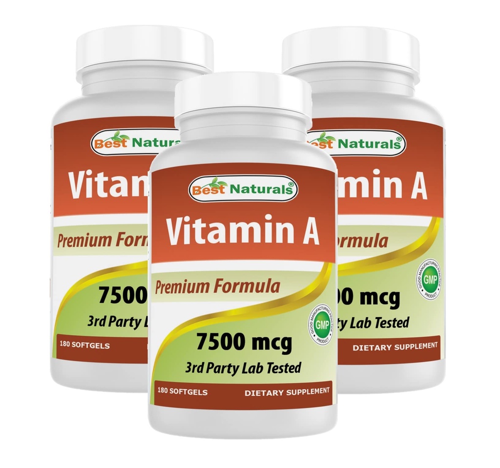 Best Naturals Vitamin A 25000 IE (7500 mcg), Non-GMO Formule ondersteunt gezond zicht en immuunsysteem en gezonde groei en voortplanting, 180 Softgels (180 Tel (pakket van 3))