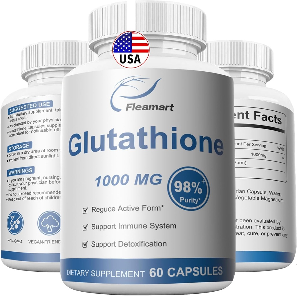 Glutathionsupplement 98%+ Hoog gezuiverd en biologisch beschikbaar - Huidverzorging en ontgifting L-Glutathione 1000mg Immune & Lever Ondersteuning - Made in The USA 60 Capsules