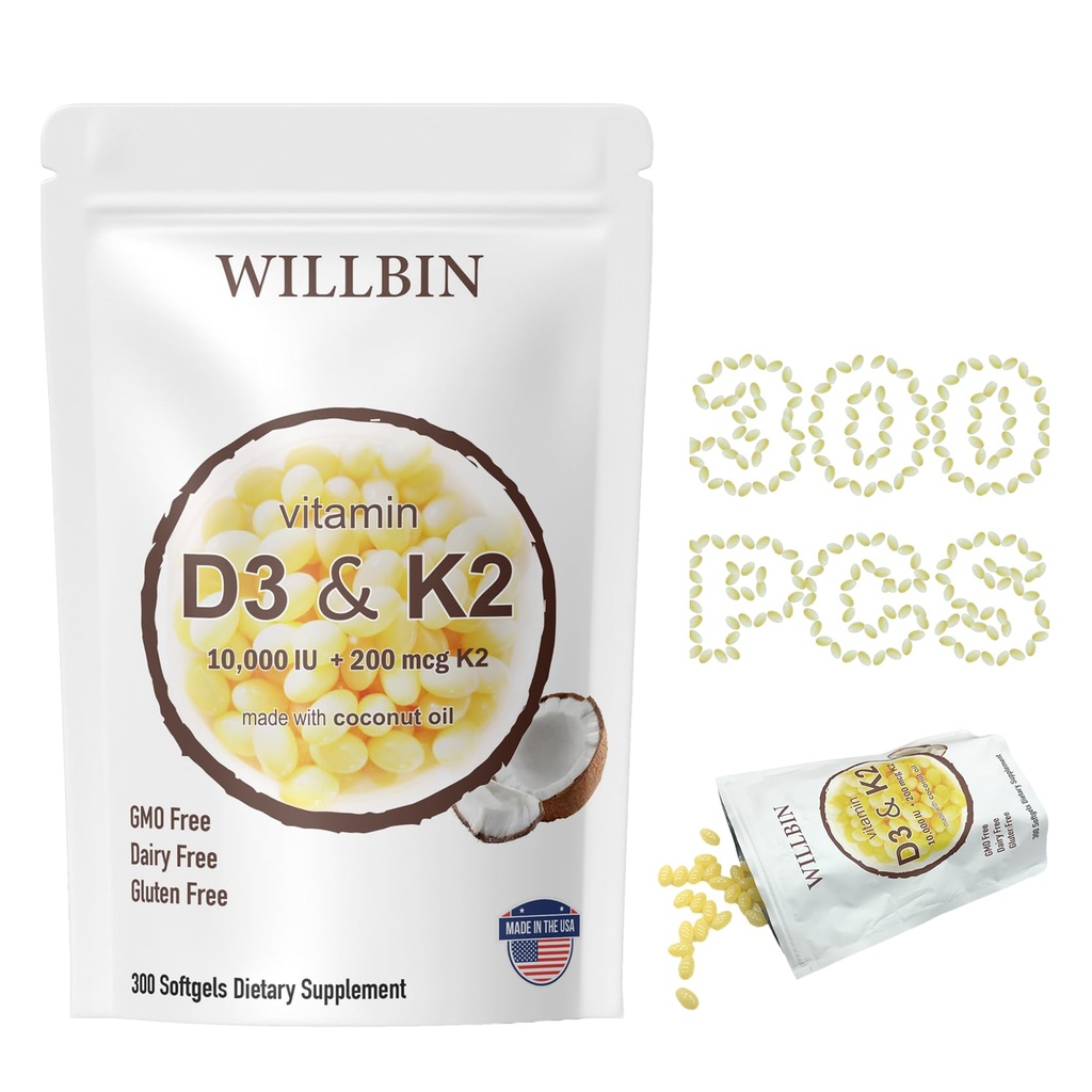 300 Pcs 2 en 1 Vitamine D3 10000 iu Plus K2 (MK-7) 200 mcg, Huile de coco Softgels avec Vitamines D & K, Soutient la santé osseuse, cardiaque et immunitaire - Facile à avaler et non-OGM