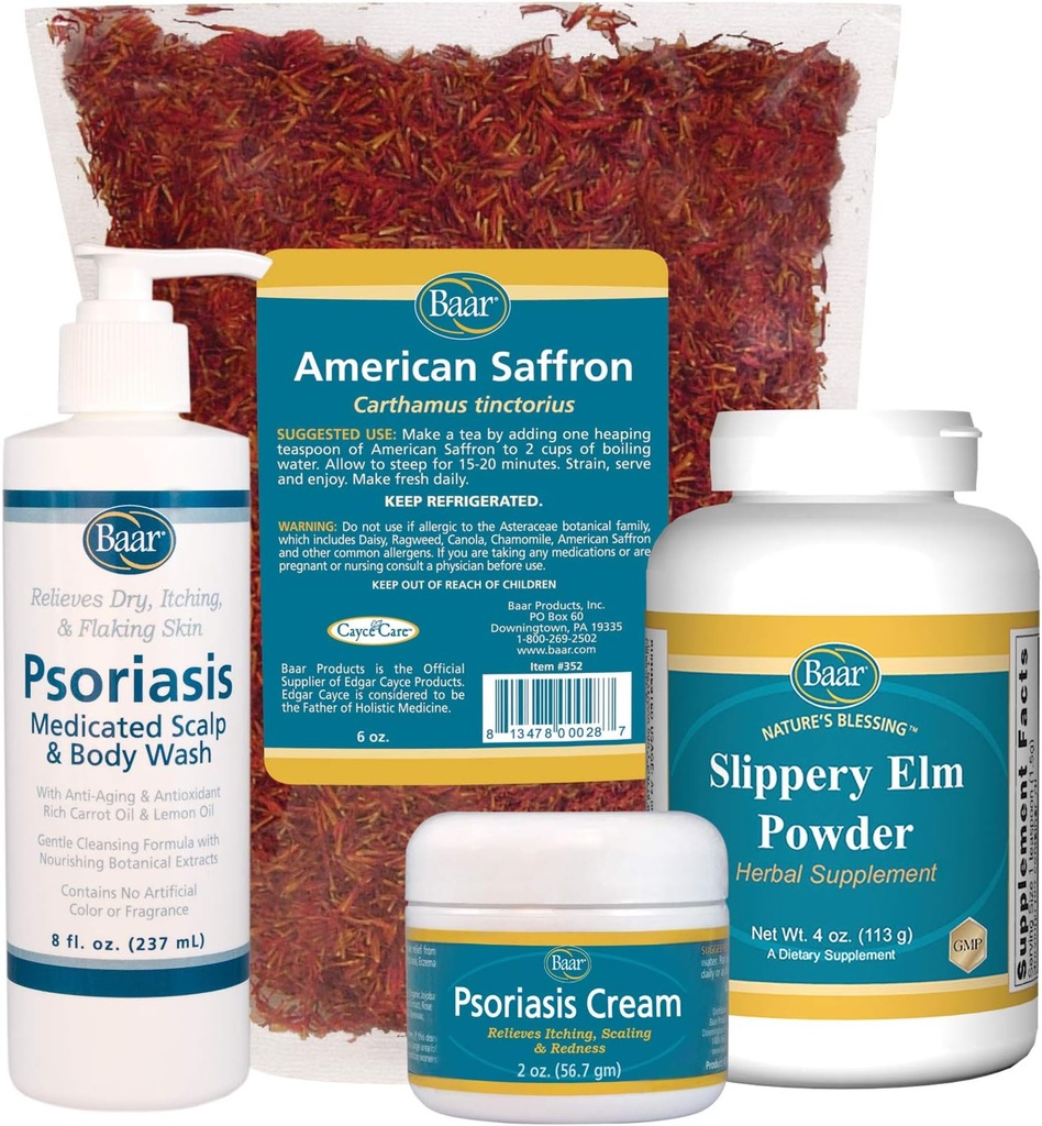 Psoriasis Care Kit - Inclusief American Saffron Tea, Slippery Elm Bark Powder, Psoriasis Scalp and Body Wash en Psoriasis Cream. 4 Items Aanbevolen in het boek Helende Psoriasis door Dr. John Pagano