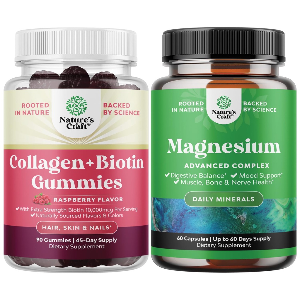 Bundel van haar huid en nagels Gummies voor vrouwen - Extra sterkte Biotine en collageen Gummies voor vrouwen Haar huid Nagels Ondersteuning en hoge absorptie Magnesium Complex Supplement voor maag en spijsvertering