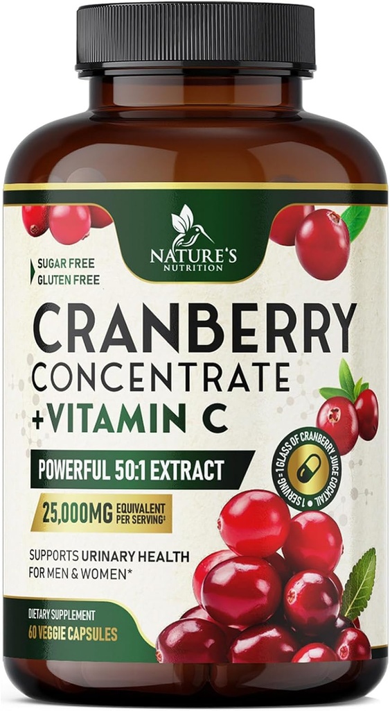 Cranberry Supplement Pillen 25.000mg - High Potency Vitamine C C Cranberry voor vrouwen en mannen, Urinaire Tract Health Support, Suikervrij, Glutenvrij, Non-GMO, Cranberry Concentrate Extract - 60 Capsules