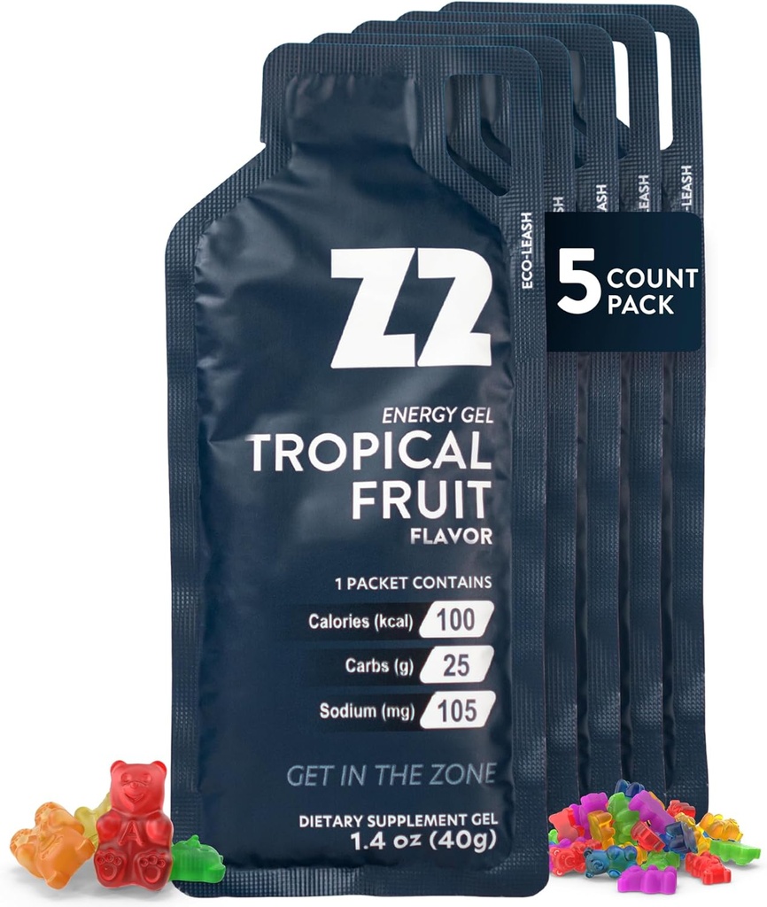 Z2 Tropical Fruit Energy Gel Performance - 25g Carb, 105mg Natrium, Elektrolyten, Pre & Tijdens de training, Boosts Endurance voor hardlopen, fietsen, fietsen en sport - 5-Count Pack